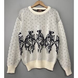 Vintage Wolf Sweater Size Large Navy Blue White Retro Birdseye Ski Grandpa Crew